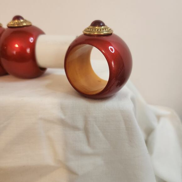 Set of 4 Red Gold Gem Napkin Rings with Box Made in India Holiday Table Deco - Picture 5 of 15